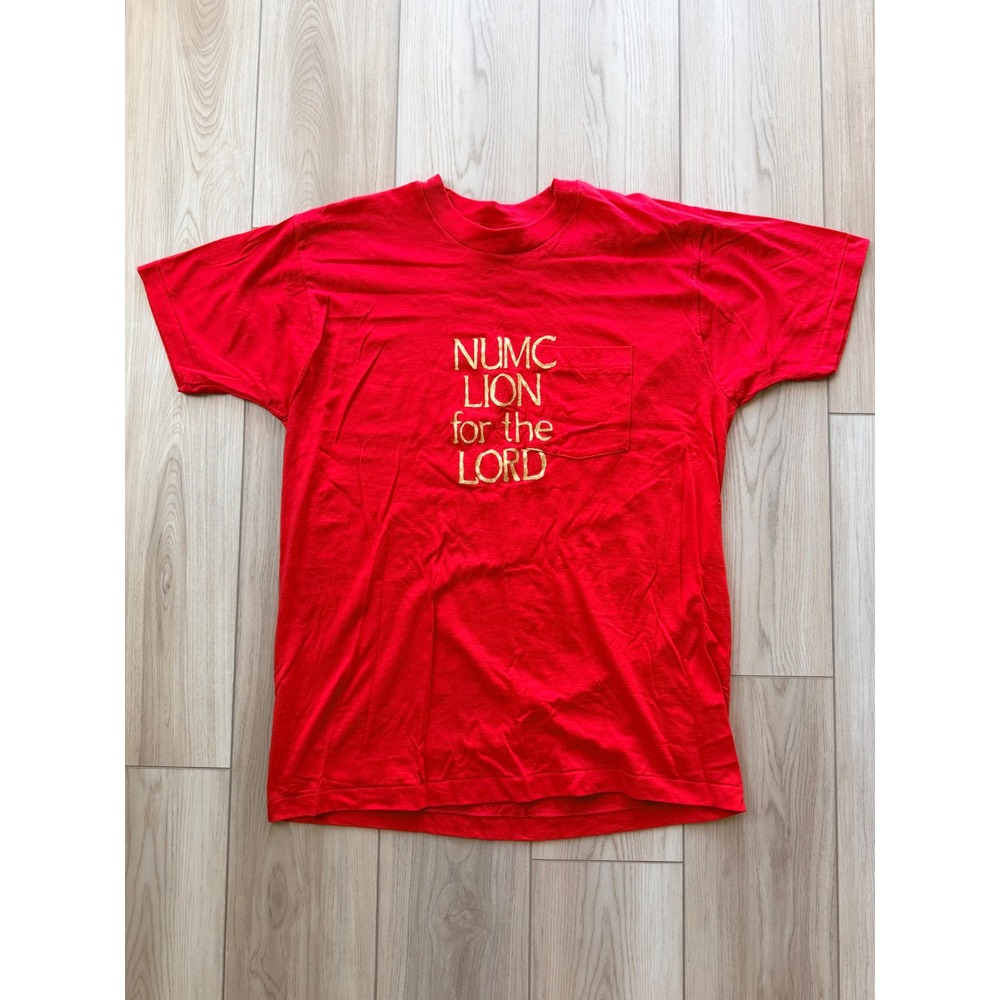 Vintage Fruit of the Loom T-Shirt Mens XL Red NUMC Lion For The Lord Pocket Tee